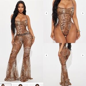 Leopard Print Sheer Bodysuit and Pants Set